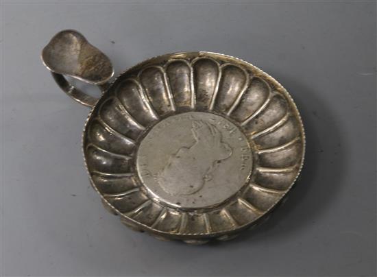 An early 19th century continental white metal taste vin with inset coin base, 67mm.